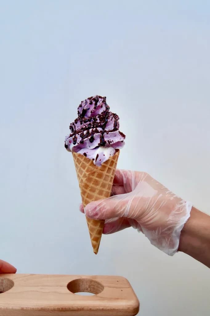 Berry real fruit ice cream cone with chocolate drizzle