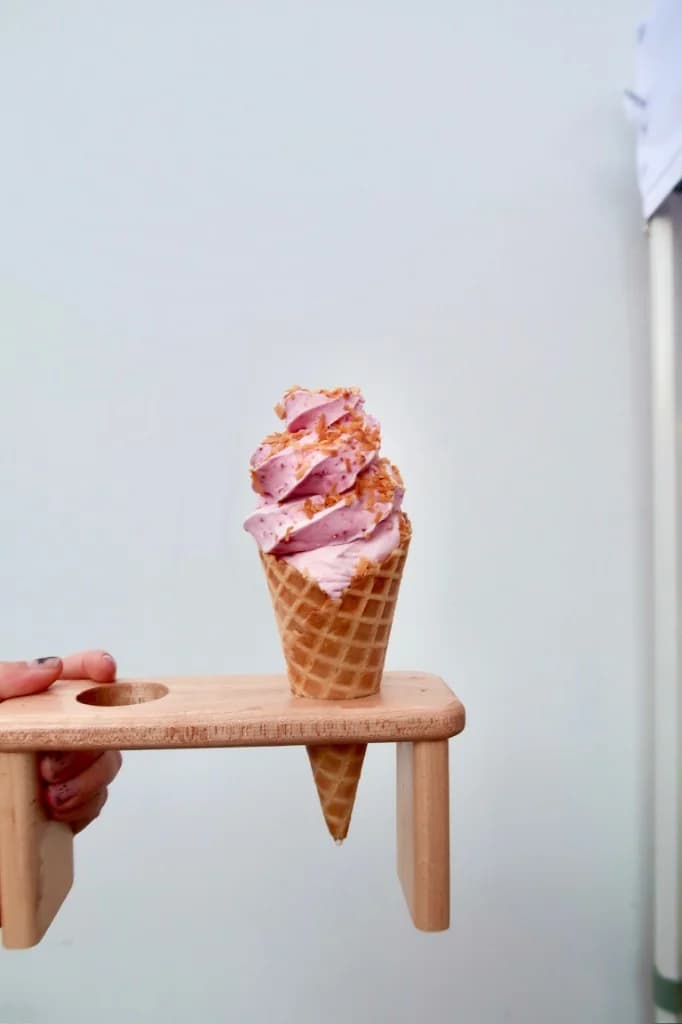 Real fruit ice cream cone topped with toasted coconut