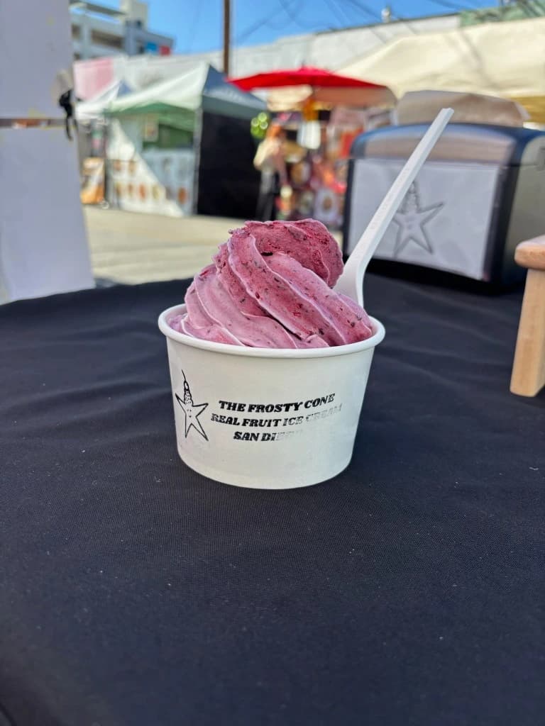 Berry real fruit ice cream in a Frosty Cone cup at a farmers market